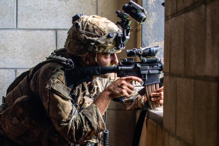 Soldiers learn maneuvering tactics during training at the Joint Pacific Multinational Readiness Center on the island of Oahu, Hawaii, Nov. 5, 2022.
