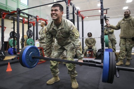U.S. Army Cpl. Adrian Zamora assigned to the 541st Division Sustainment Support Battalion, 1st Infantry Division Sustainment Brigade, 1st Infantry Division, deadlifts 200 pounds as part of the Durable Challenge at Whitside Fitness Center, Fort Riley, Kansas, Dec. 20, 2022. The competition was held with the focus of testing Soldiers on their warrior tasks and drills.
