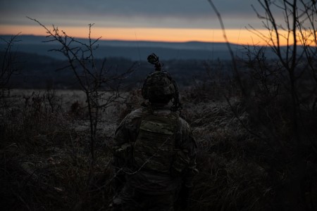 A Soldier assigned to the 39th Brigade Engineer Battalion, 2nd Brigade Combat Team, 101st Airborne Division (Air Assault), pulls security during Exercise Bull Fury on Jan. 16, 2023, in Romania. 101st units will support V Corps mission to reinforce NATO’s eastern flank and engage in multinational exercises with partners across the European continent to reassure our Nations allies.