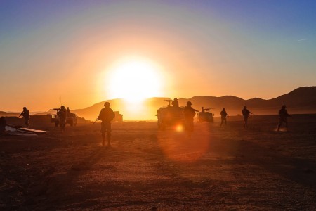 Soldiers conduct a dismounted patrol at the National Training Center, Fort Irwin. Calif. The U.S. Army and Engineering Support Center, Huntsville’s Energy Division awarded a third-party contract in September that will improve energy independence and resiliency, as well as provide energy savings for Fort Irwin, home to the National Training Center, a remote major training area for the U.S. military located in the Mojave Desert in northern San Bernardino County, California.