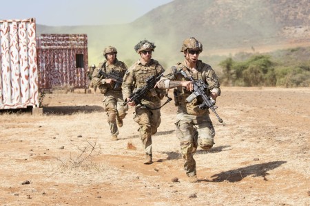 U.S. Army paratroopers, assigned to Chosen Company, 2nd Battalion, 503rd Parachute Infantry Regiment, 173rd Airborne Brigade, engage in combat training as part of a demonstration for during Exercise Justified Accord 23 (JA23) in Isiolo, Kenya, Feb. 23, 2023.  JA23 is U.S. Africa Command’s largest exercise in East Africa. Led by U.S. Army Southern European Task Force, Africa (SETAF-AF), this multinational exercise brings together more than 20 countries from four continents to increase partner readiness for peacekeeping missions, crisis response and humanitarian assistance.