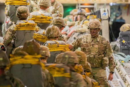 U.S. Army Command Sgt. Maj. Randolph Delapena, the 82nd Airborne Division Command Sgt. Maj., speaks with Paratroopers assigned to the 3rd Brigade Combat Team, 82nd Airborne Division, prior to conducting a Joint Forcible Entry (JFE) for exercise Panther Giant on Fort Bragg, North Carolina, March 8th, 2023. Exercise Panther Giant is a validation exercise for elements of the 3rd Brigade Combat Team to demonstrate readiness and lethality before attending the Joint Readiness Training Center (JRTC).