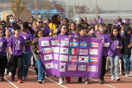 Humphreys Central Elementary School celebrates the month of the military child at the Humphreys High School football field on April 14, 2023. HCES hosts a purple up event annually to recognize and show support for military children and families. 
