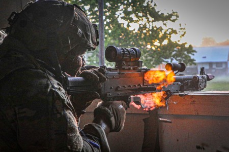 Paratroopers assigned to 3rd Brigade Combat Team, 82nd Airborne Division participate in the attack phase during Joint Readiness Training Center (JRTC) Rotation 23-07 on Fort Polk, La., May 1, 2023. More than 4,000 3rd BCT Paratroopers are participating in the rotation, validating their readiness for potential upcoming missions.